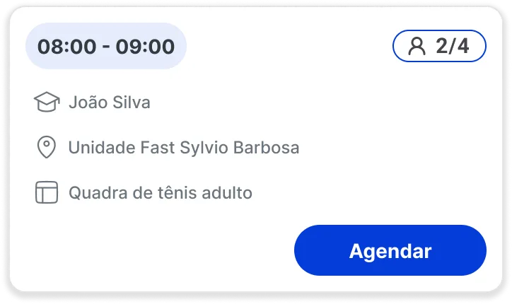 Card de agendamento de aula no app Fast Tennis